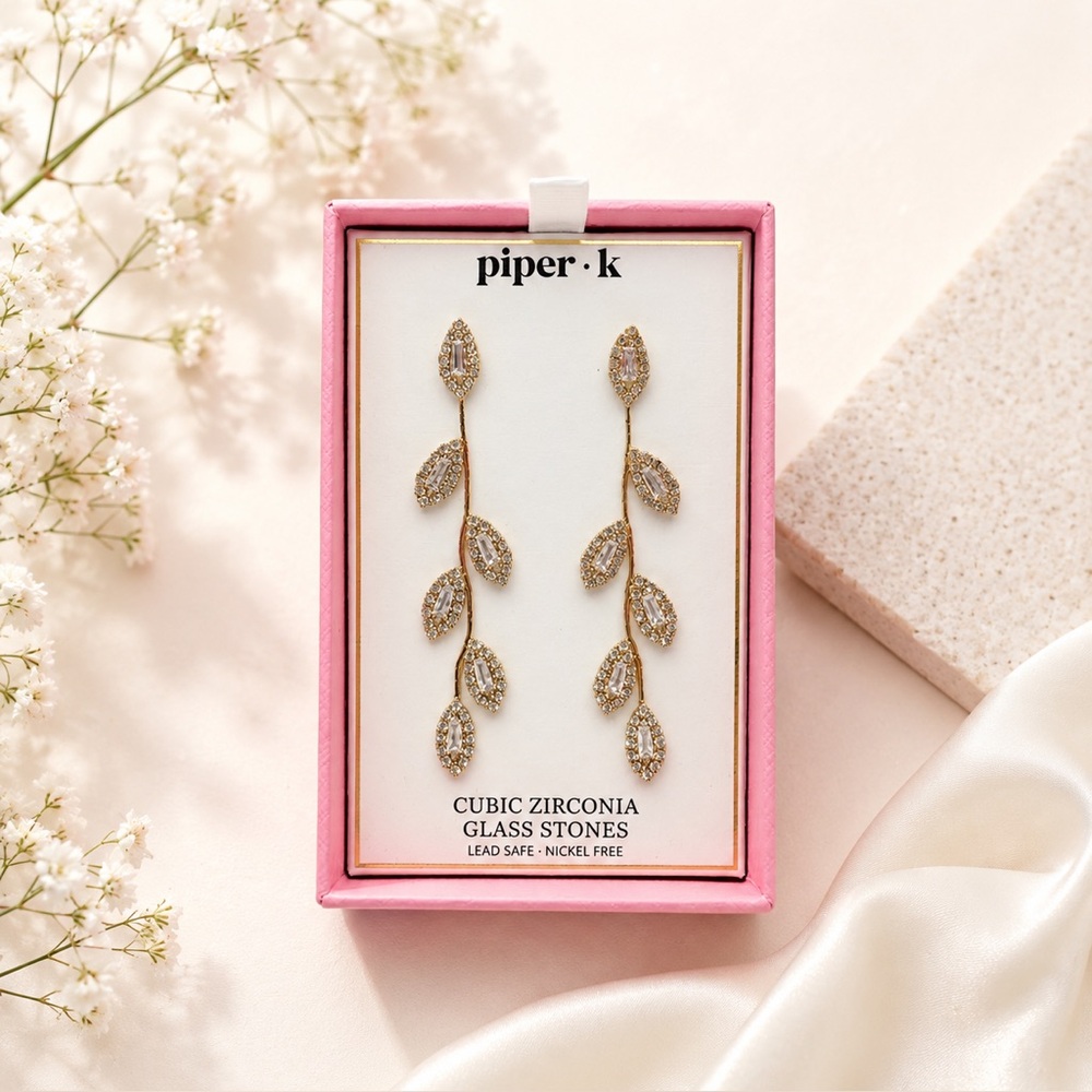 *New* Piper K Leaf Dangle Drop Cubic Zirconia and Glass Stones Gold Earrings